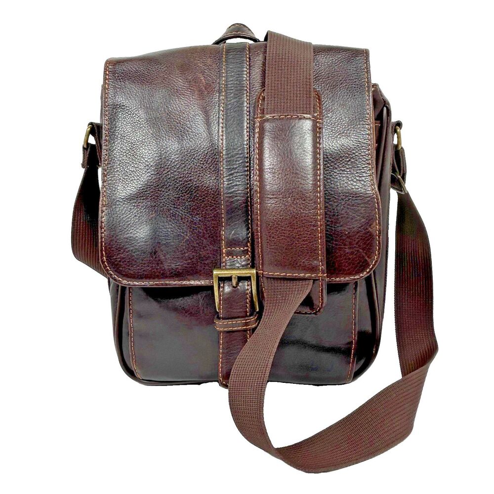 Wilson Leather Messenger Bag Brown Crossbody Tablet Snap Adjustable Pockets